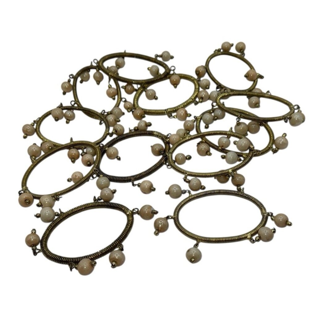 12 Napkin Rings Gold Brass Oval Cream Beaded Table Decor Thanksgiving Christmas